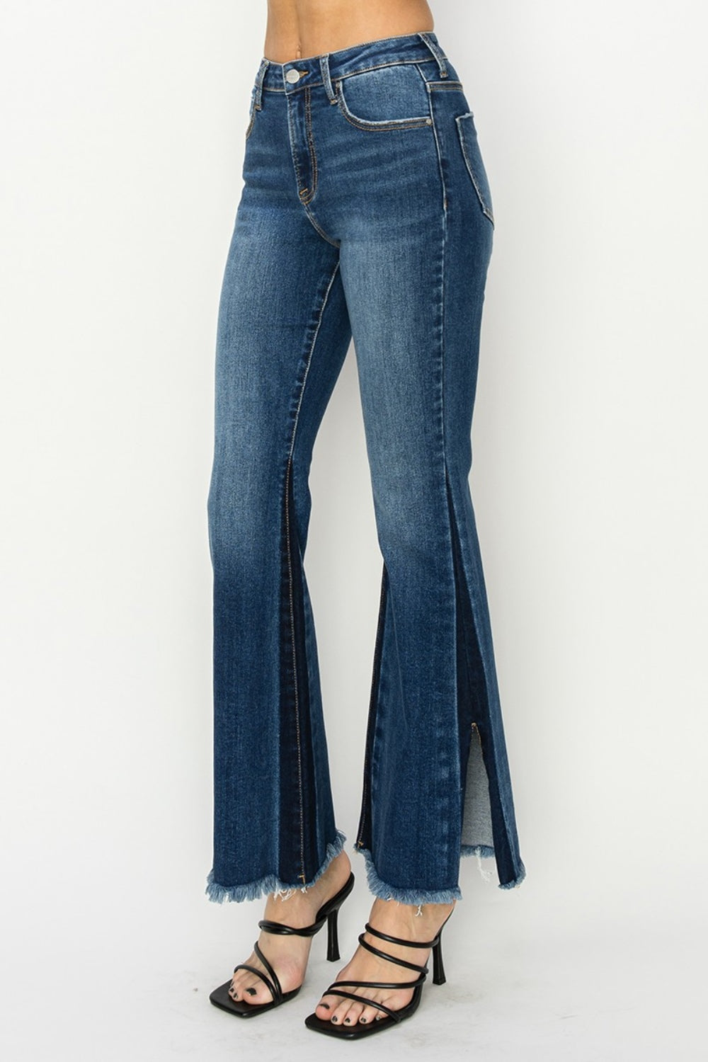 High Rise Side Shadow Seam Detail Slit Flare Jeans