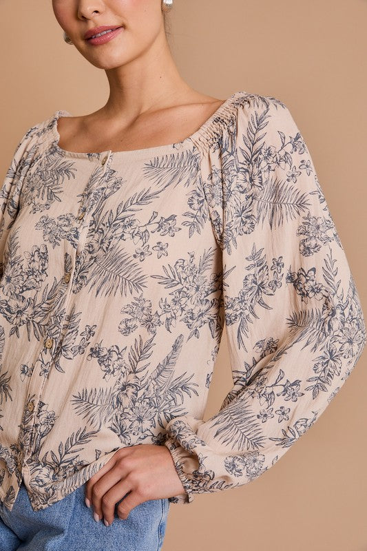 Taupe Floral Wide Sleeve Blouse