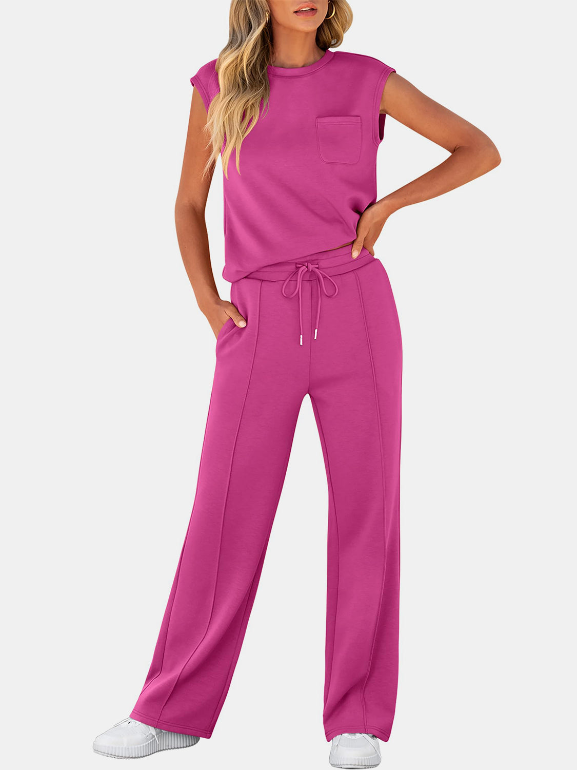 Full Size Round Neck Top and Drawstring Pants Set